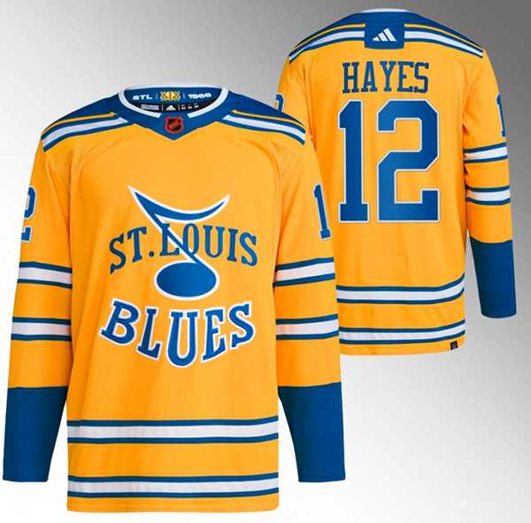Men%27s St. Louis Blues #12 Kevin Hayes Yellow 2022-23 Reverse Retro Stitched Jersey
